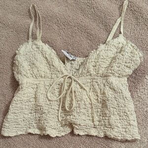 Cream Textured Crop Top with Tie Front